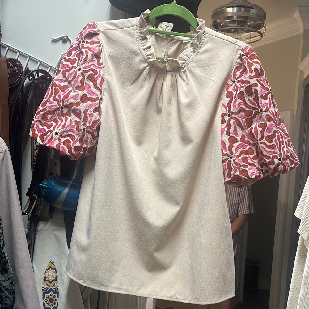 Women's Cream and Pink Puff Sleeve Top